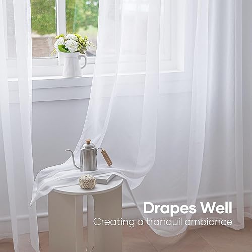 Miniatura 3 de Anjee Juego de 4 paneles de cortinas semitraslúcidas blancas de 84 pulgadas de largo, con bolsillo para barra, cortinas de gasa semitransparentes