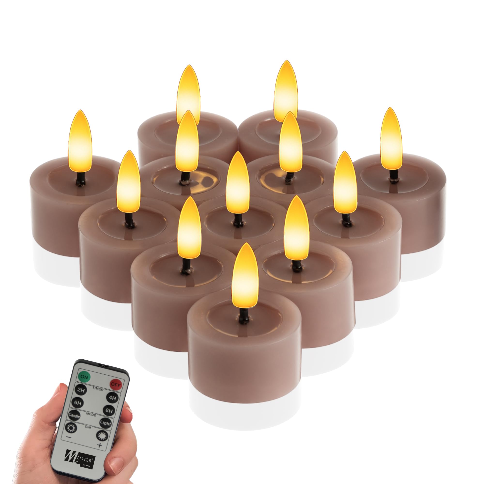 Meisterhome Set di 12 lumini a LED, senza fiamma, con luce tremolante, Ø 4,5 cm, altezza 2,5 cm, vera cera, con timer e telecomando, funzionamento a batteria, luce bianca calda