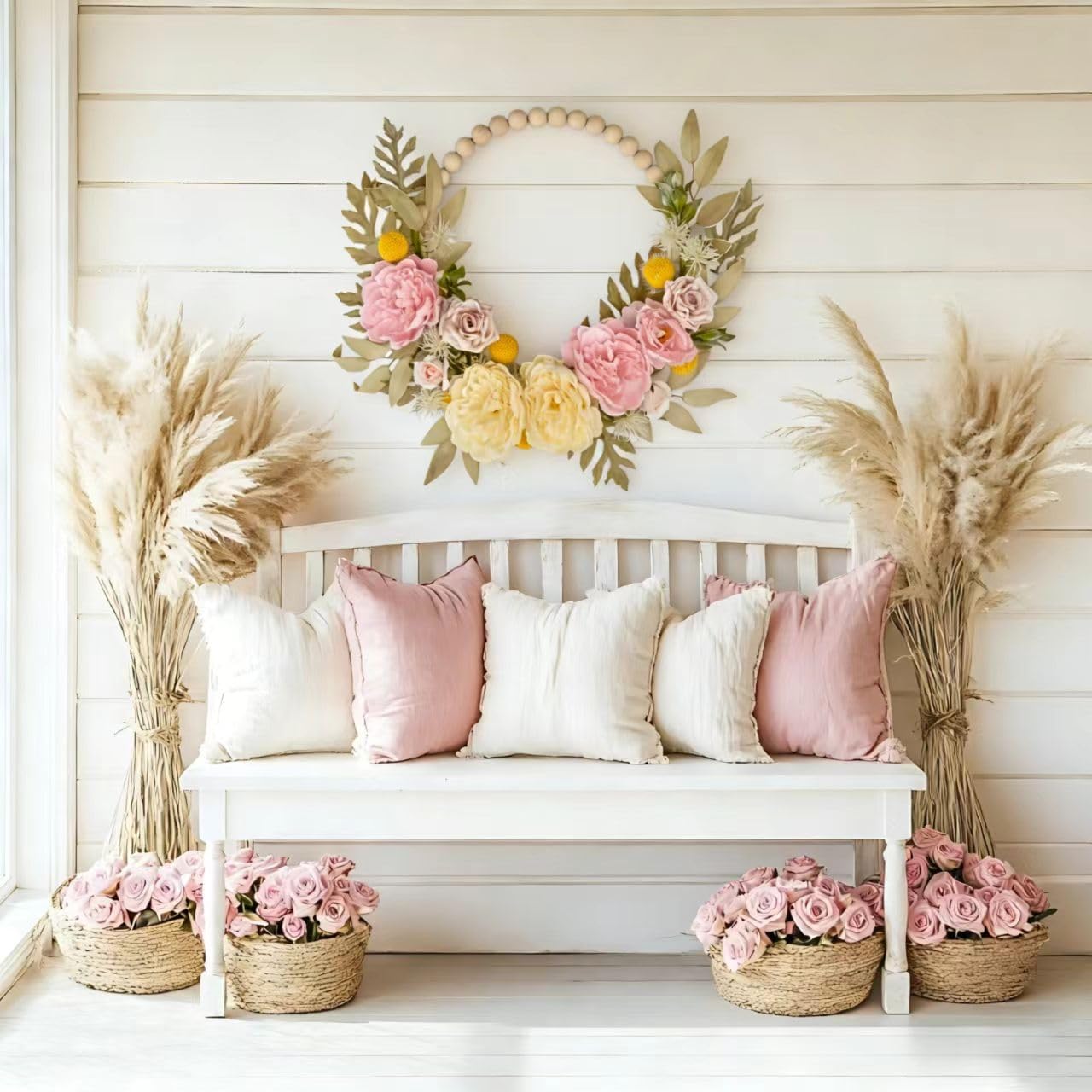 20 Inch Wood Bead Wreath with Peony & Rose | Handmade Spring Summer Door Decor for Farmhouse Wall Window – All-Season Wreath for Wedding Party Festiva