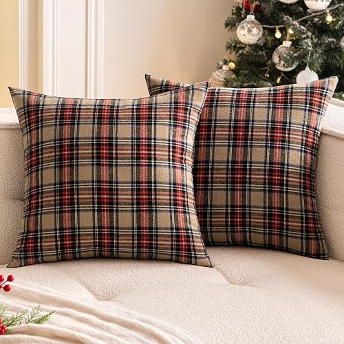 Miniatura 1 de Woaboy Juego de 2 fundas de almohada navideñas de tartán escocés, almohadas decorativas clásicas de estilo rústico para sofá, sala de estar, cama,