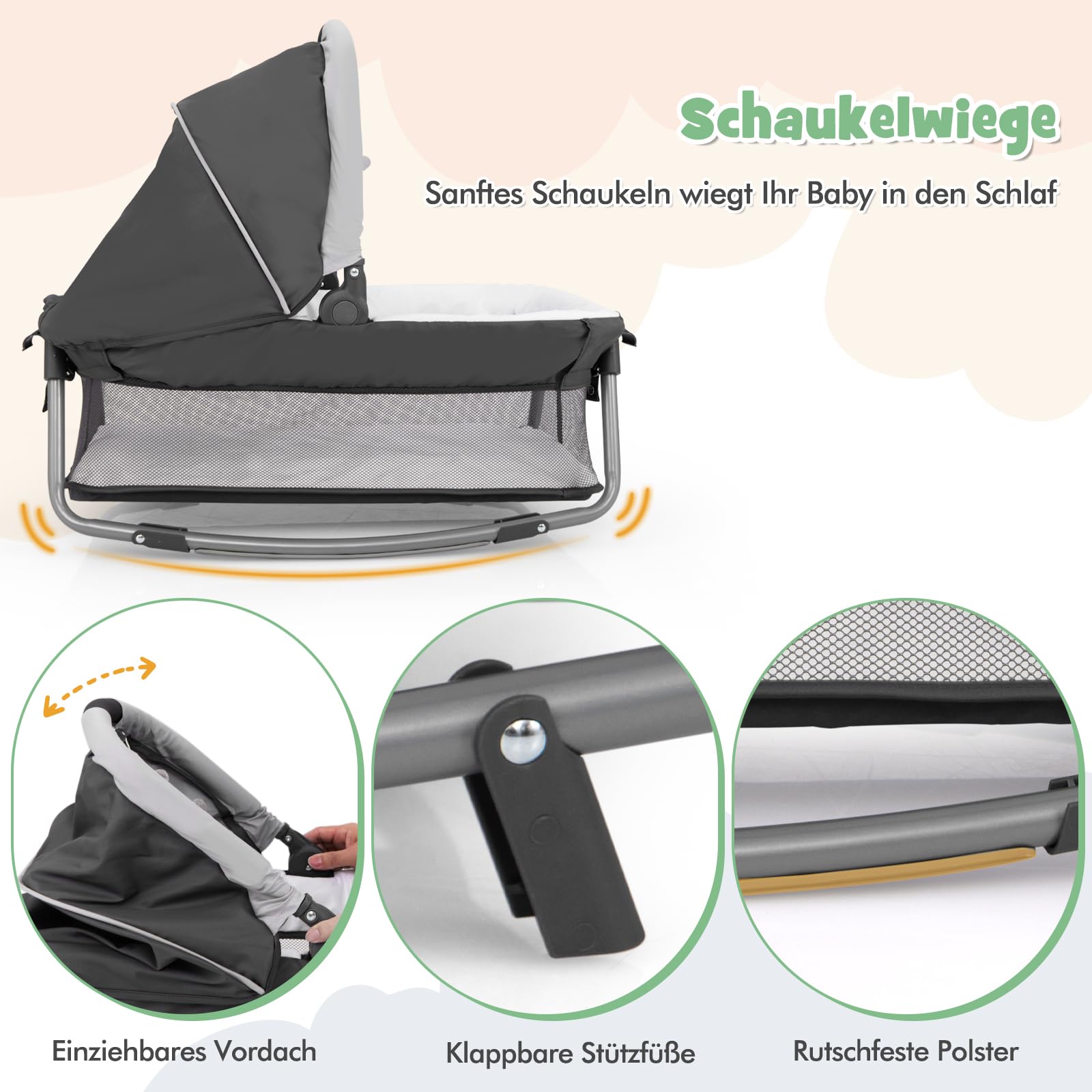 DREAMADE 5 in 1 Babybett, Reisebett Baby mit Matratze, verstellbarem Baldachin, Wickeltisch & Laufstall, Platzsparendes Beistellbett mit Tragetasche für Baby 0-36 Monaten (Grau)