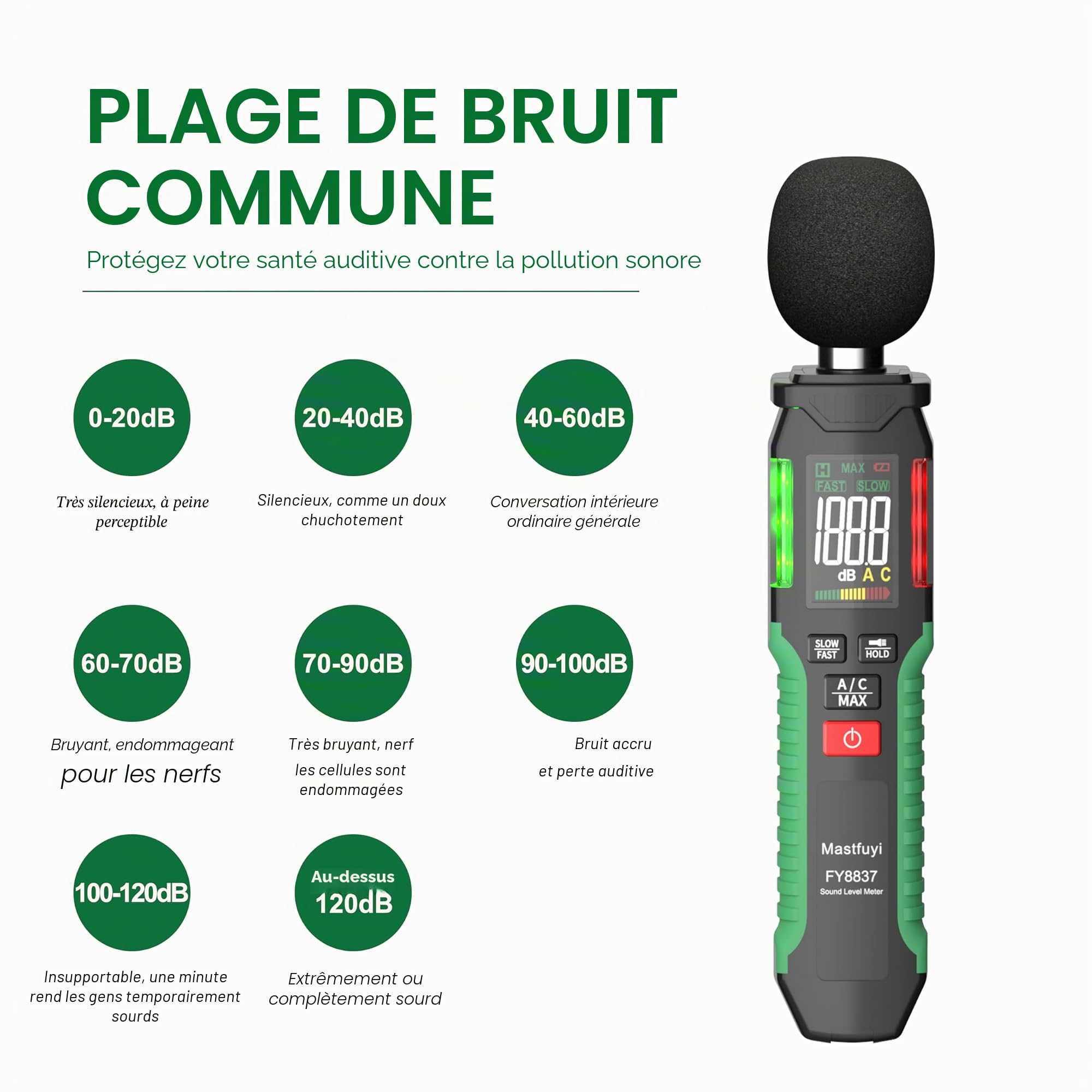 Sonomètre numérique - Compteur de décibels 30-130 dB avec A/C pondéré - SPL portable - Écran couleur LCD - Support de données - Max Hold - Lampe de poche - Home Office Factory