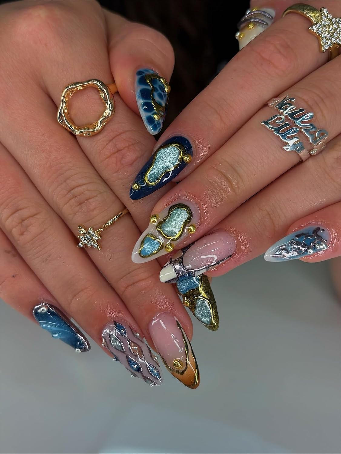 Summer Beach Press on Nails - Medium Almond Blue Fake Nails