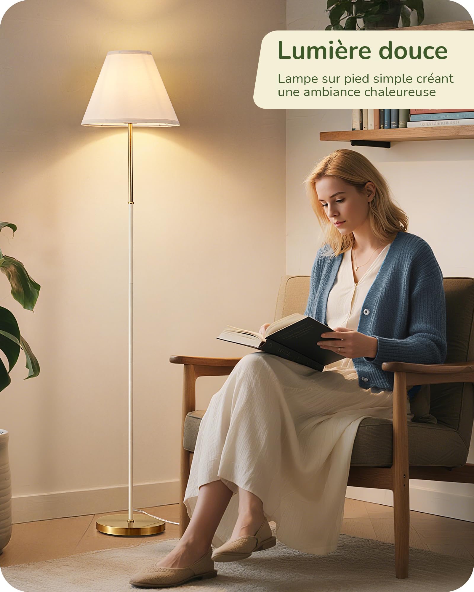 EDISHINE Lampadaire Rétro Salon, Abat-Jour en Coton et Lin, 2700K, Blanc | Ampoule LED Incluse, Douille E27, Structure en Métal, Interrupteur au Pied, Lampadaire Moderne pour Chambre et Coin Lecture