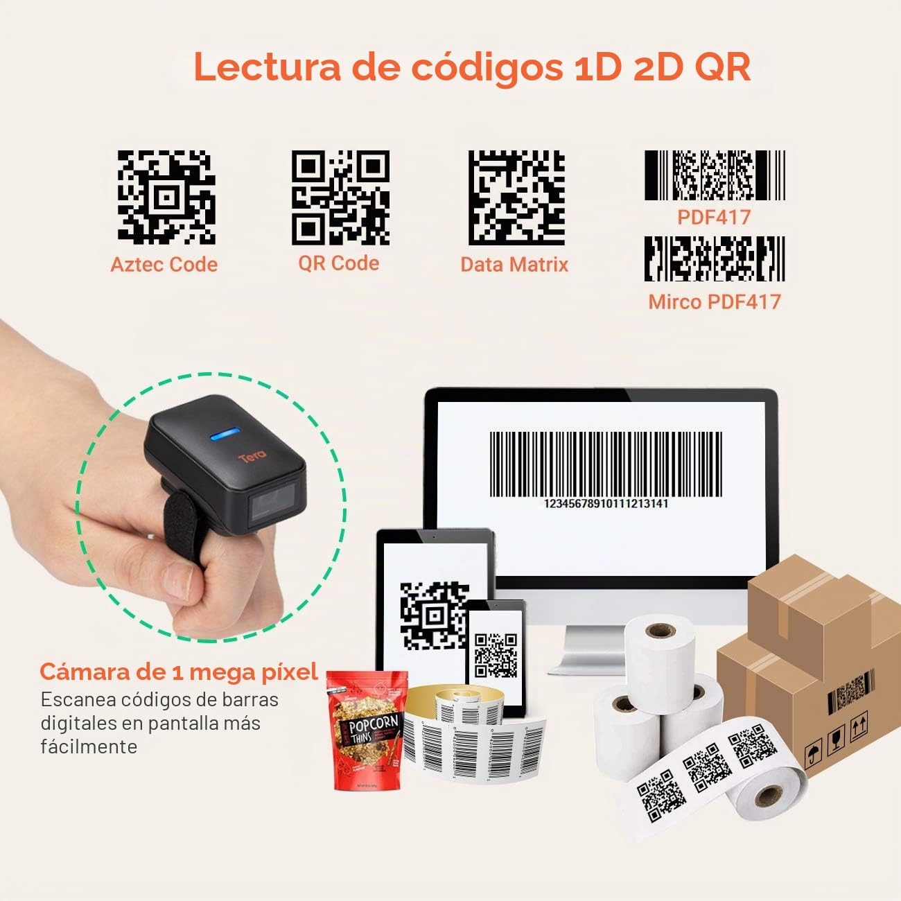 Tera Pro Series Mini 1MP CMOS Ring Lector de código de Barras Escáner de código QR 2D 1D Inalámbrico 2.4G y Bluetooth y USB 2.0 Cable portátil, HW0010