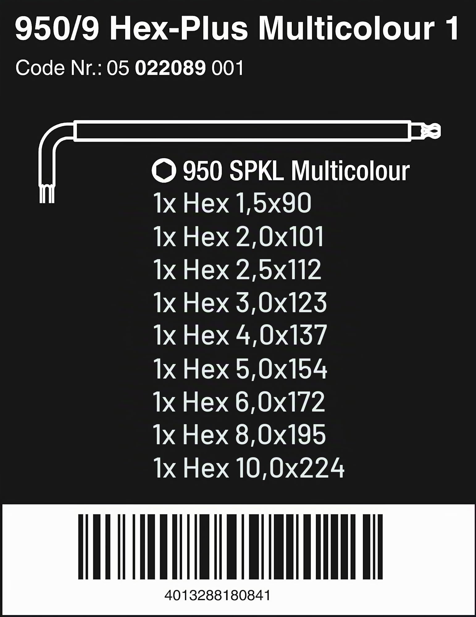 Wera 05022089001 950 SPKL/9 SM N Multicolore Jeu de clés mâles coudées, system. métrique, BlackLaser, 9 pièces, Multicolore