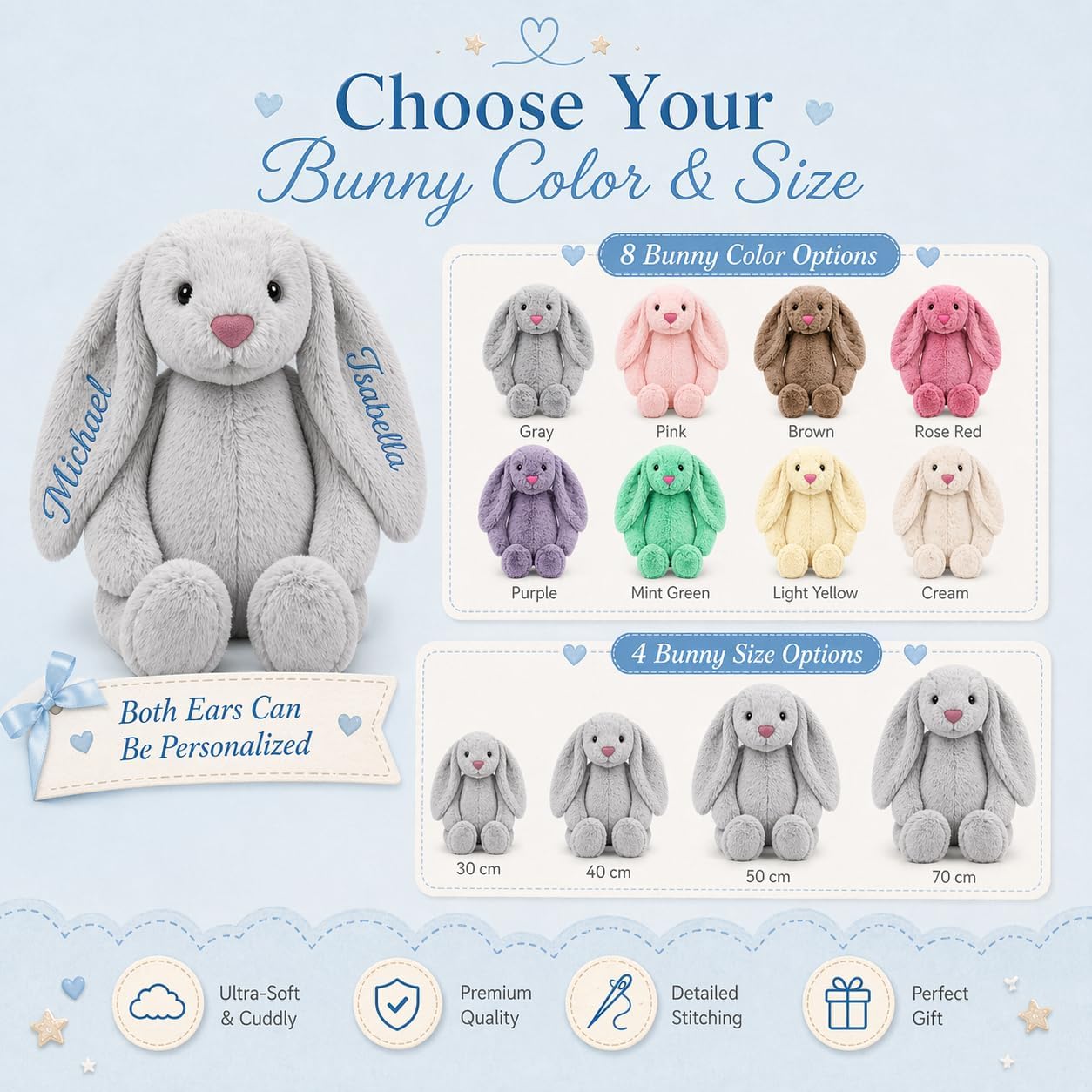 Terwex Personalized Baby Blanket & Plush Bunny Set, Custom Baby Blankets for Boys Girls with Name, Customized 2-in-1 Dot Receiving Swaddle & Rabbit Set, Infant Toddler Gifts for Baby Shower Birthday