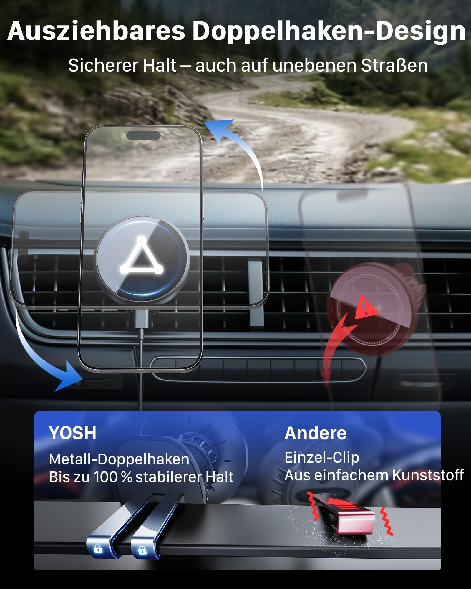 YOSH für MagSafe Autohalterung mit Ladefunktion, [verlängerter Metall-Doppelhaken & N56 Magnete], 15W Schnellladen, magnetische Handyhalterung Auto für MagSafe, für iPhone 12-17 Samsung & Pixel