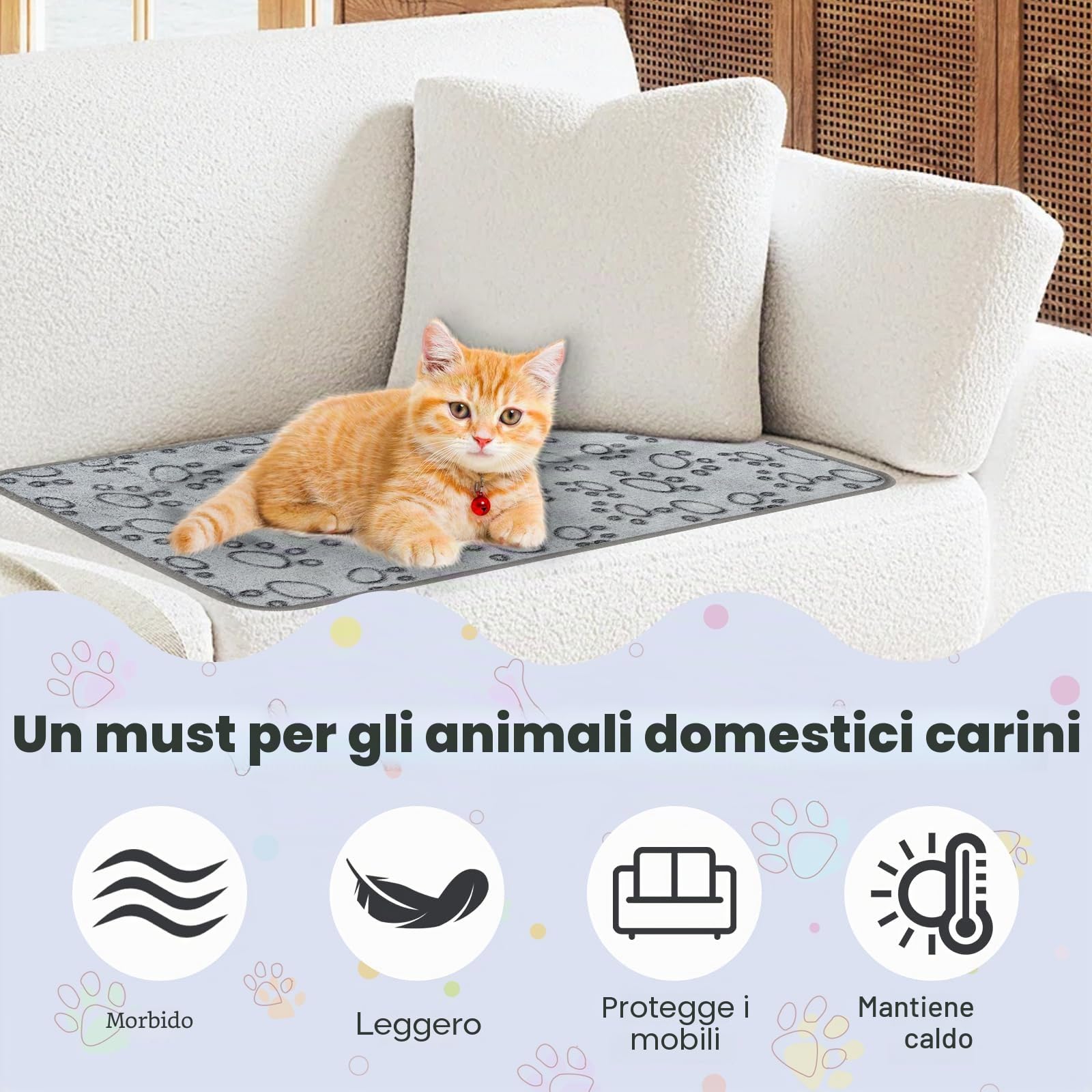 Coperta Per Cani Lavabile Flanella Morbida Calda 60×40cm Grigio Impronte Zampe