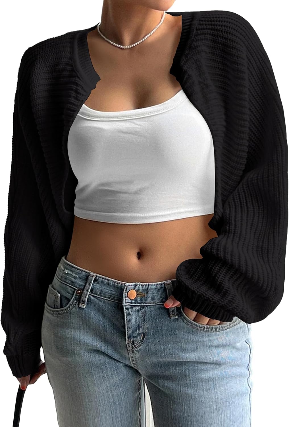 Plus Size Womens Bolero Shrug Sweaters Long Sleeve Open Front Rib Knit Cropped Cardigan Sweater