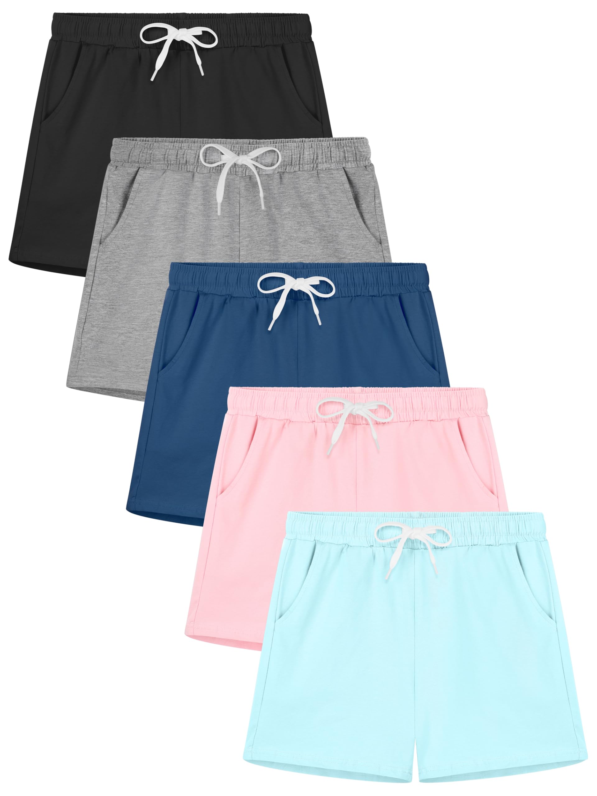 Poroka 5 Pack Girls Athletic Shorts Active Performance Shorts Kids Summer Sports Running Yoga Short with Drawstring