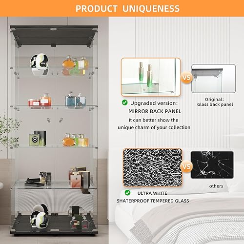 Miniatura 10 de LFT HUIMEI2Y Vitrina de cristal con 2 estantes con puerta y cerradura, gabinetes Curio, vitrina de vidrio templado de 0.197 in, estantería de pie