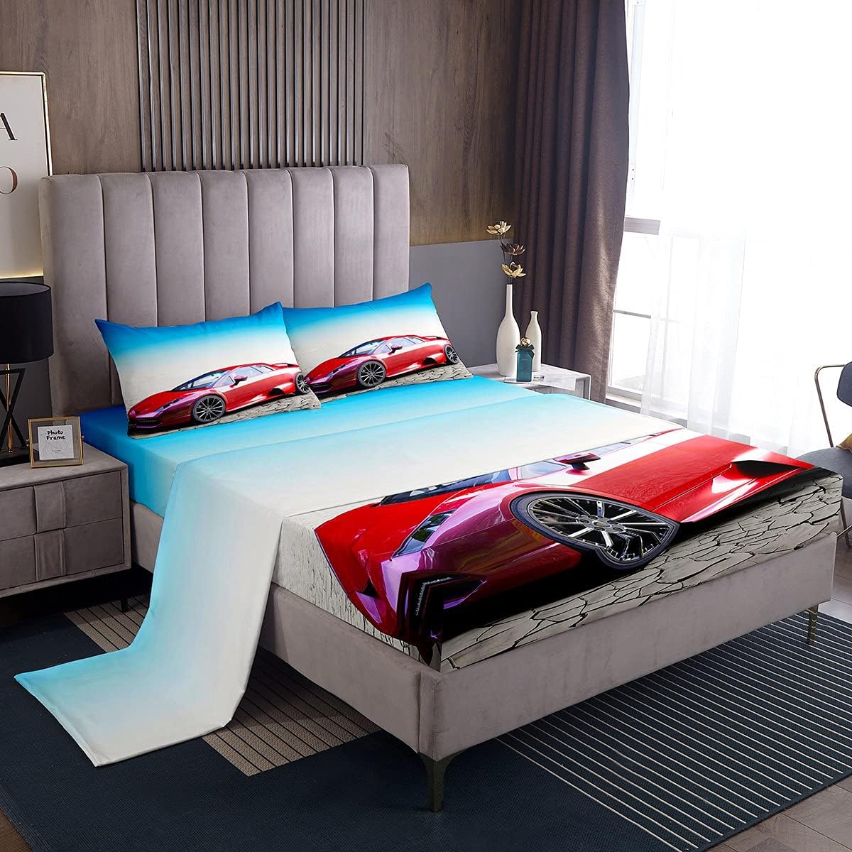 Men Race Sports Car Bed Sheet Set Extreme Sports Theme Bedding Set Full Size Modern Red Racing Car Bed Sheets for Boys Teens Adults Microfiber Automobile Style Sheet Set for Bed Room Decor M