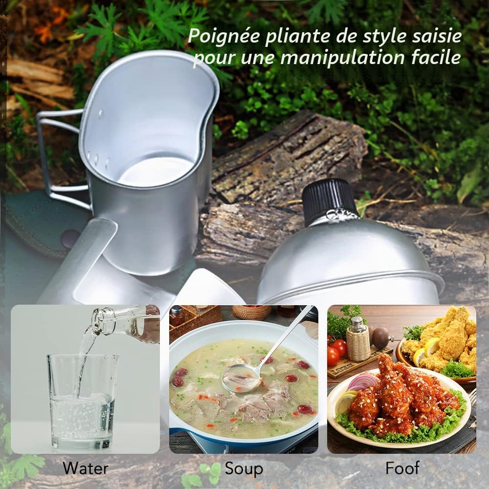 Lixada Gourde Kit de Cantine Militaire, 3pcs Batterie de Cuisine en Aluminium Mmilitaire Cantine Coupe Poêle à Bois Ensemble avec Housse pour Le Camping Randonnée Sac à Dos