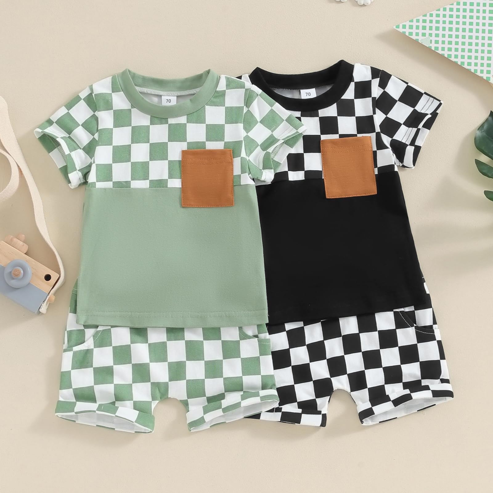 Toddler Baby Boy Girl Checkerboard Clothes Block Color Casual T-Shirt Top Plaid Jogger Shorts 2Pcs Summer Outfits (Black White, 12-18 Months)