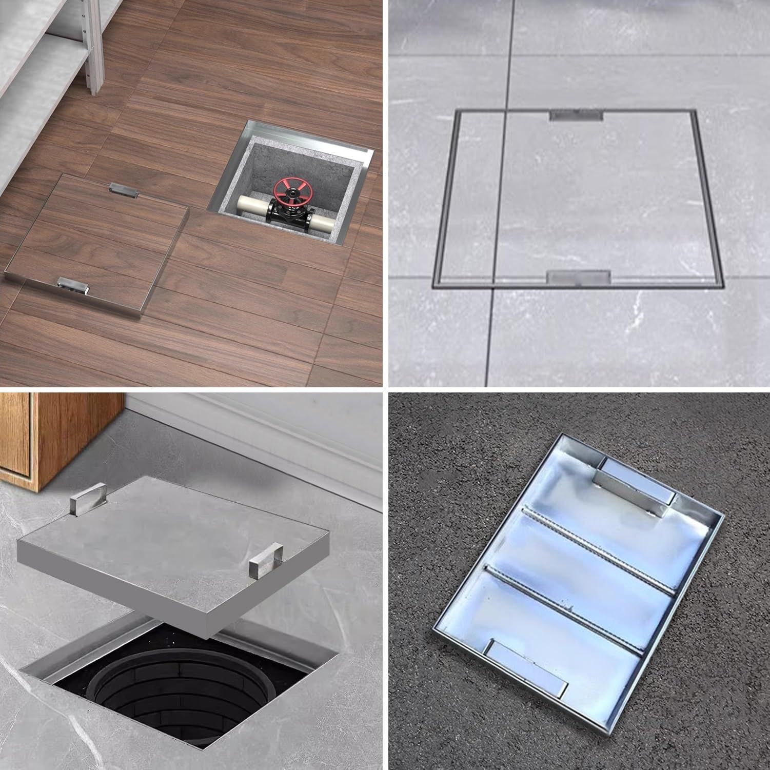 Copertura invisibile in acciaio inossidabile 304 con gancio di sollevamento e sicura per vialetti/iarde (60 x 65 cm)