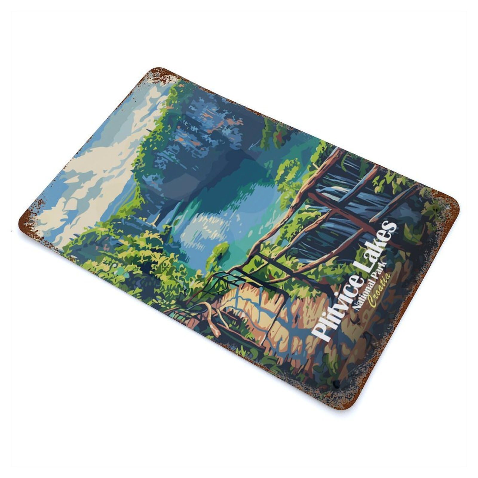 Plitvice Lakes National Park Croatia Weathered Tin Sign 11.8"x7.9", Ideal for Basement, Hobby Room And Garage Decor