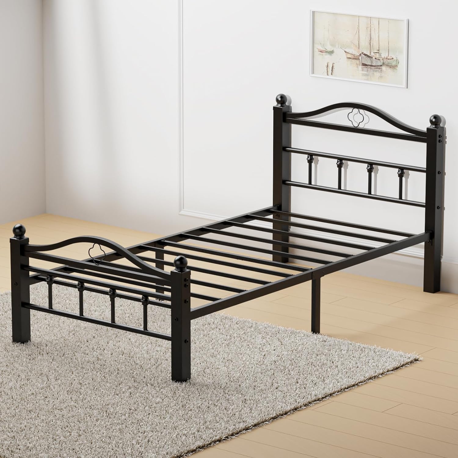 Twin Bed Frames with Vintage Headboard, 1500LBS Heavy Duty Twin Platform Bed Frame with Noise Free Design/12 Inch Under-Bed Storage Space/No Box Spring Needed/Tool-Free Assembly - Image 3