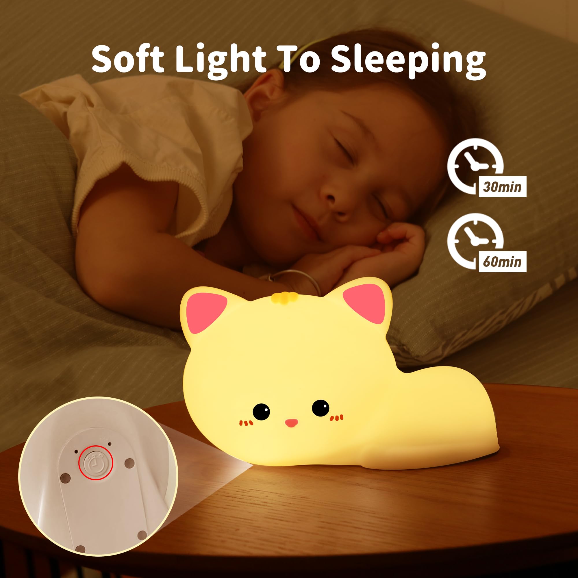 GANGULITO Soft Silicone Cat Night Light for Kids Baby Toddler Cute Clap Touch 7-Colors Lamp Rechargeable Nightlight Bedroom Room Decor Kitten Lights