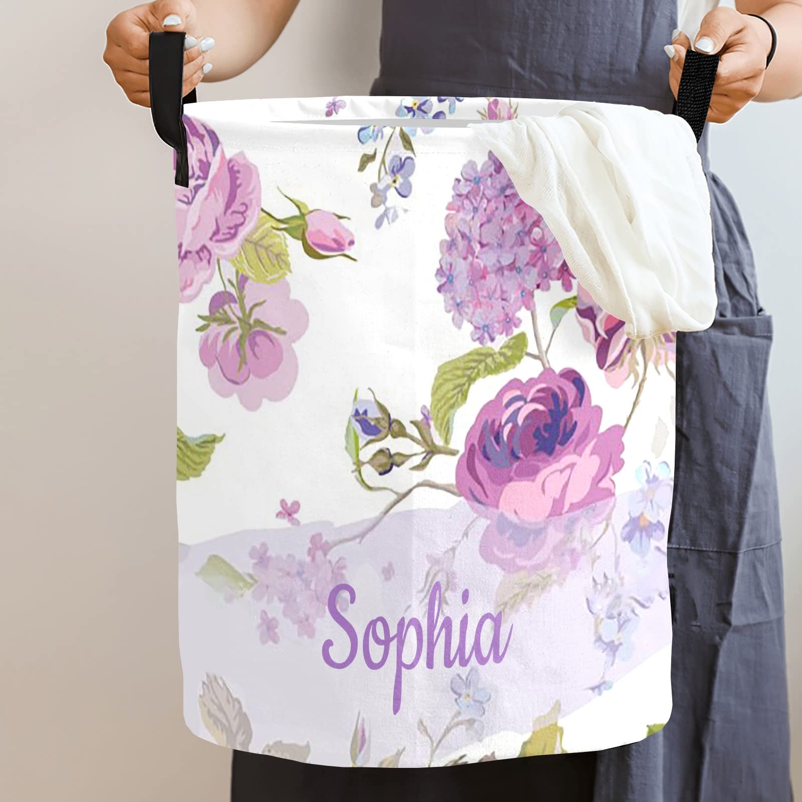 Laundry Basket Purple Floral Custom Name Laundry Bag Hamper Collapsible Oxford Cloth Home Storage Bin with Handles
