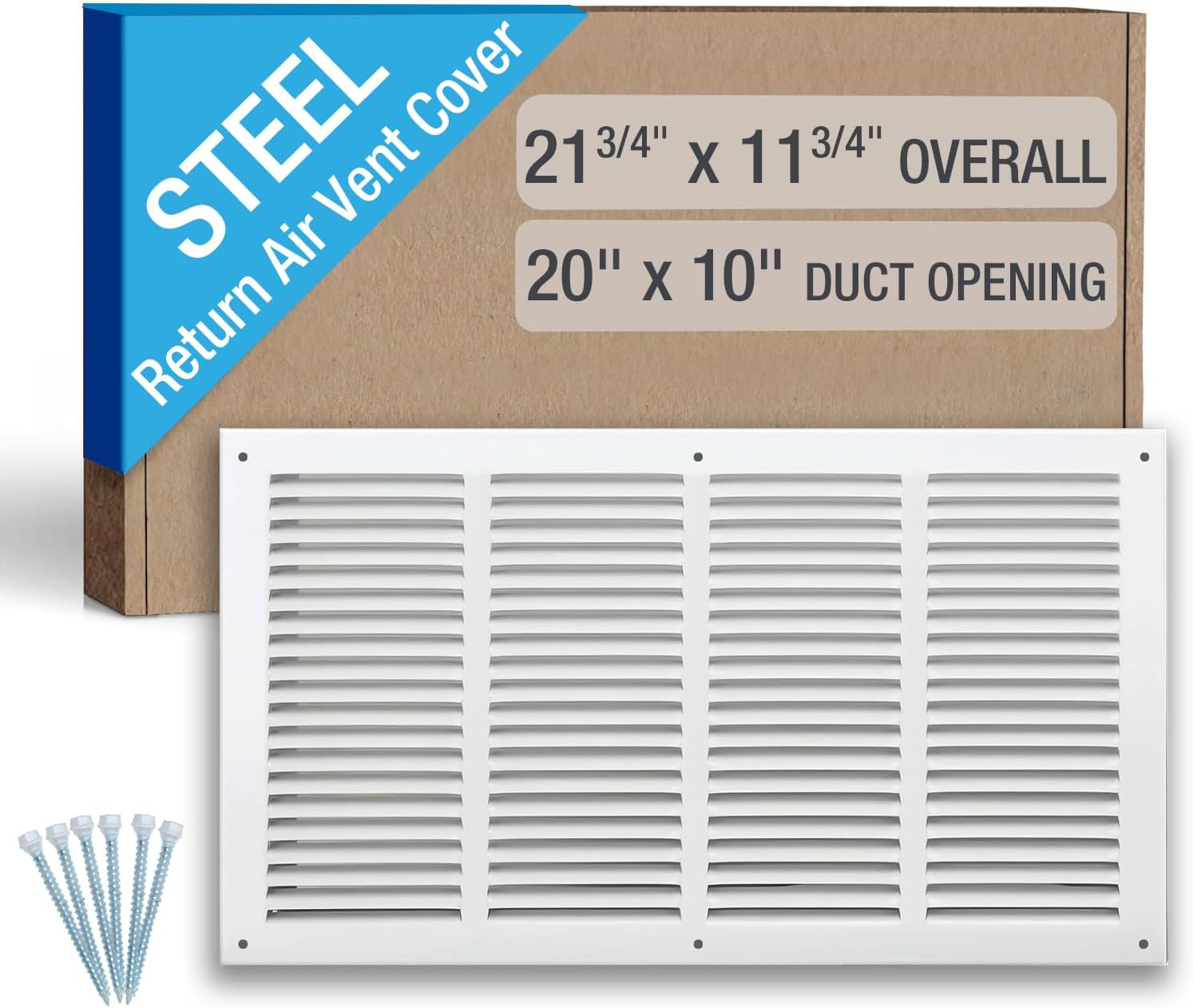 20 x 10 Inch (Duct Opening) Return Air Vent Cover, Louvered Steel HVAC Grille for Wall and Ceiling, White Powder-Coated Rust-Resistant Finish, Decorative Design, Easy to Install