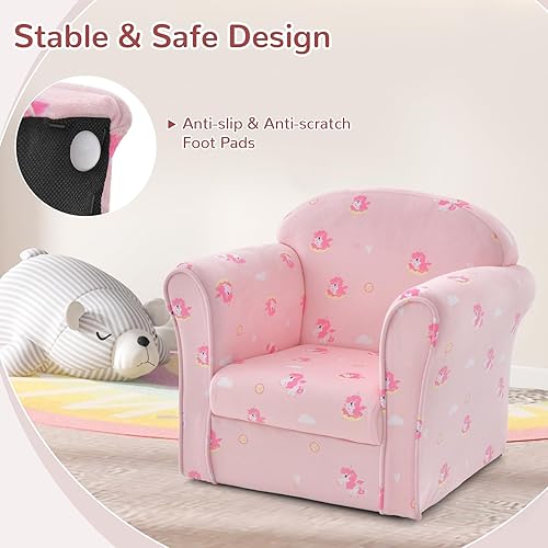 Miniatura 7 de INFANS Sofá para niños, sillón para niños pequeños con diseño de dibujos animados de construcción de madera resistente, sillón tapizado para niños,