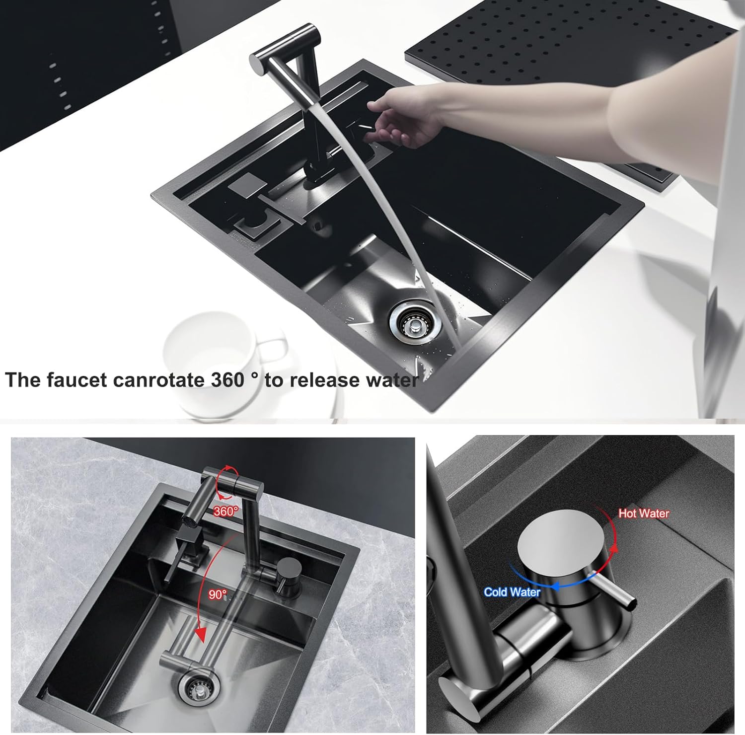 RV Sink, 17.32×14.17×7.87 Inch Black Bar Sink, Portable Small Single Bowl Multifunctional Kitchen Sink with Faucet and Stainless Steel Cover Plate