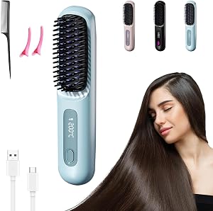Portable Cordless Hair Straightener Brush, Go Brush Pro Straightening Comb for Travel, Mini Electric Rechargeable Hair Heated Brushes with Led Screen for Short Medium Long Curly Hair (Blue)