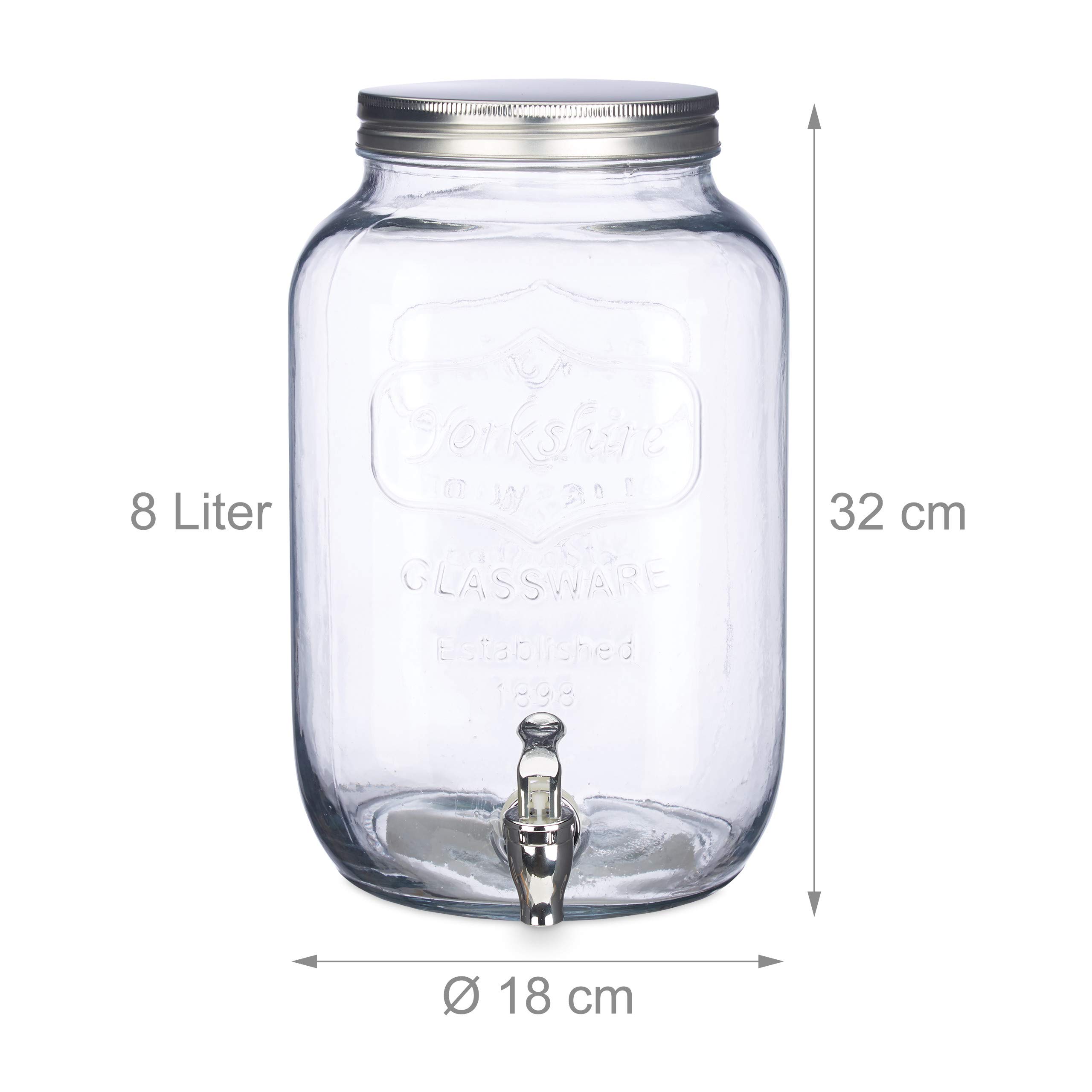 Relaxdays Getränkespender 8 l, Glas, Zapfhahn, Retro Saftspender Gastro, Vintage Limonadenspender Gartenparty, klar