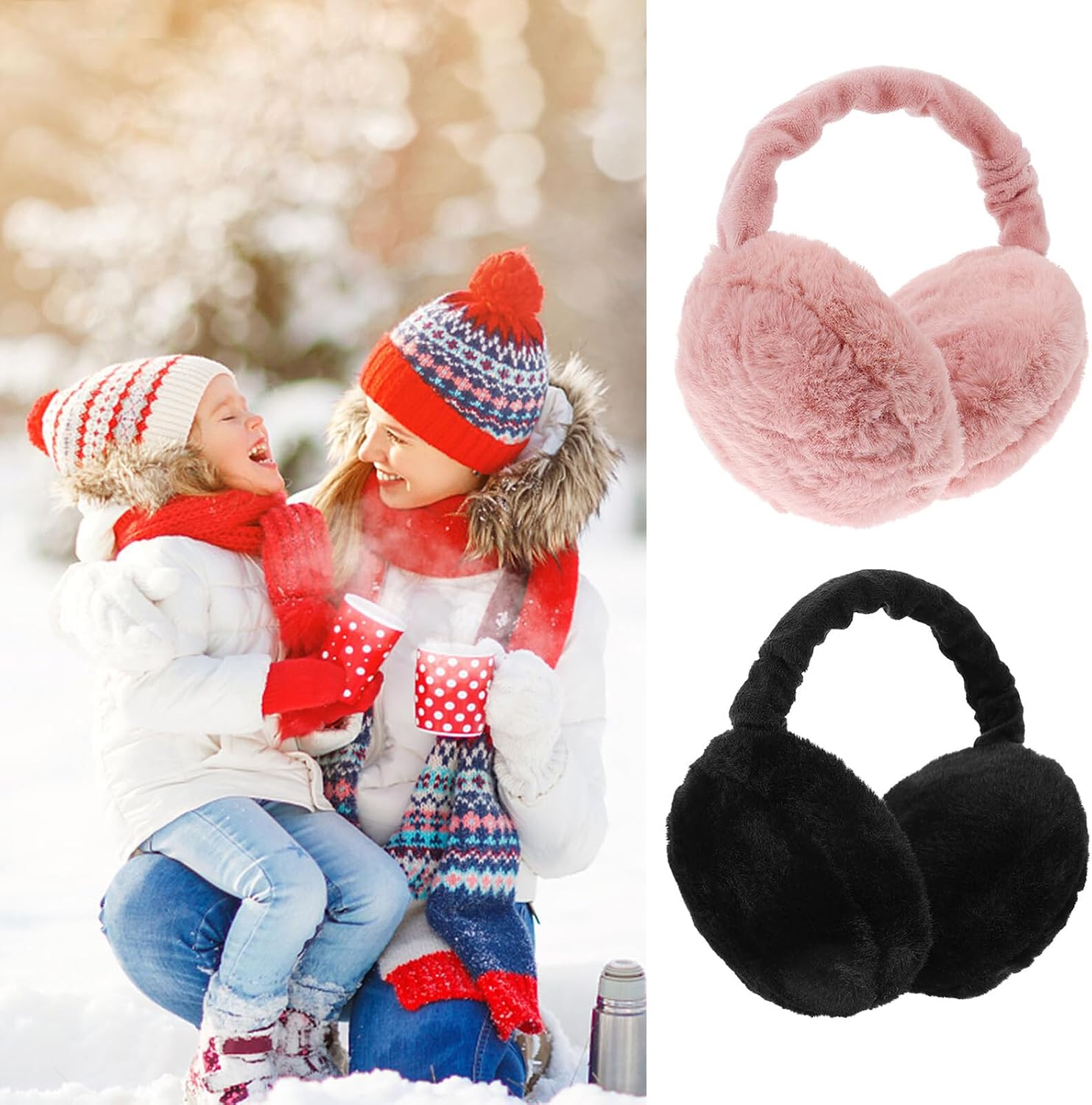 2pcs Solid Color Folding Winter Earmuffs Plush Ear Warmer for Men Women Soft Warm Ear Covers for Cold Weather and Comfortable Pink and Black