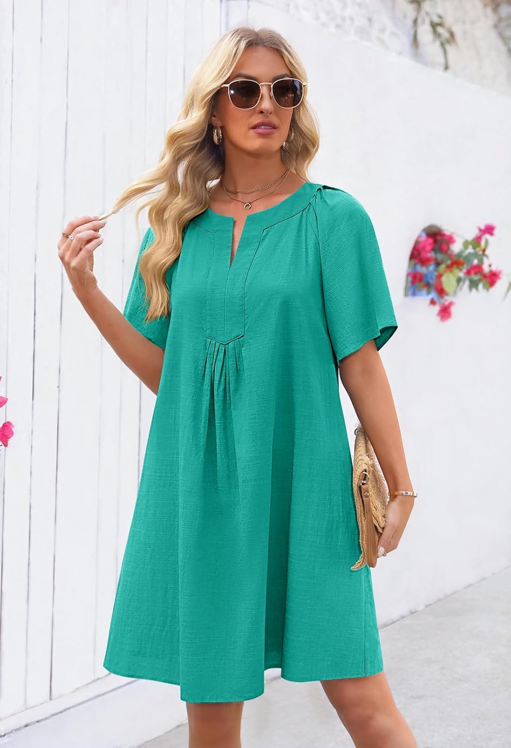 MEROKEETY Women's Summer Casual Shift Dresses Beach Vacation Short Sleeve V Neck Spring Mini Dress - Image 2