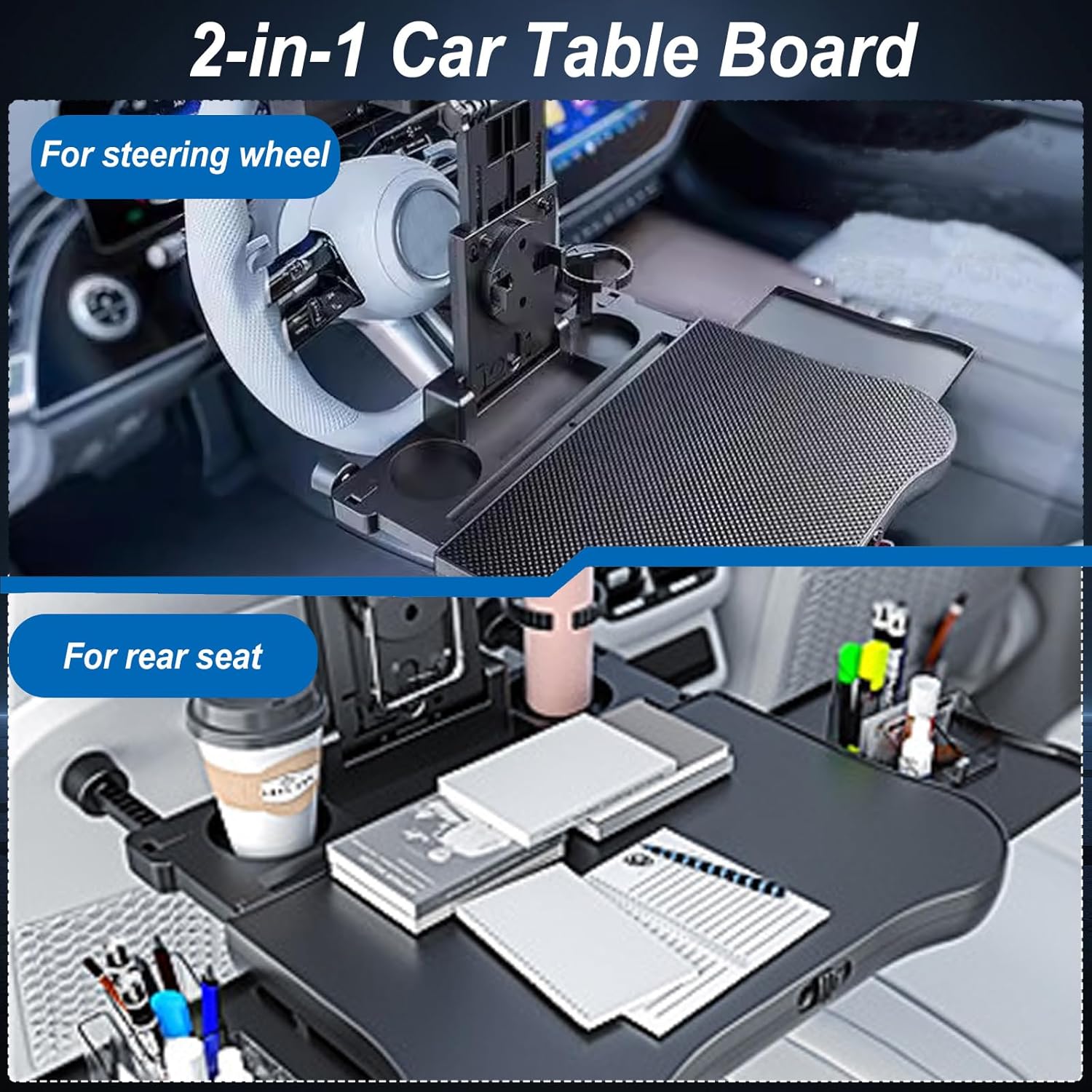 Car Steering Wheel Desk & Back Seat Headrest Table Travel Car Accessories, Height Adjustable for Food Drink and Writing Laptop Work.
