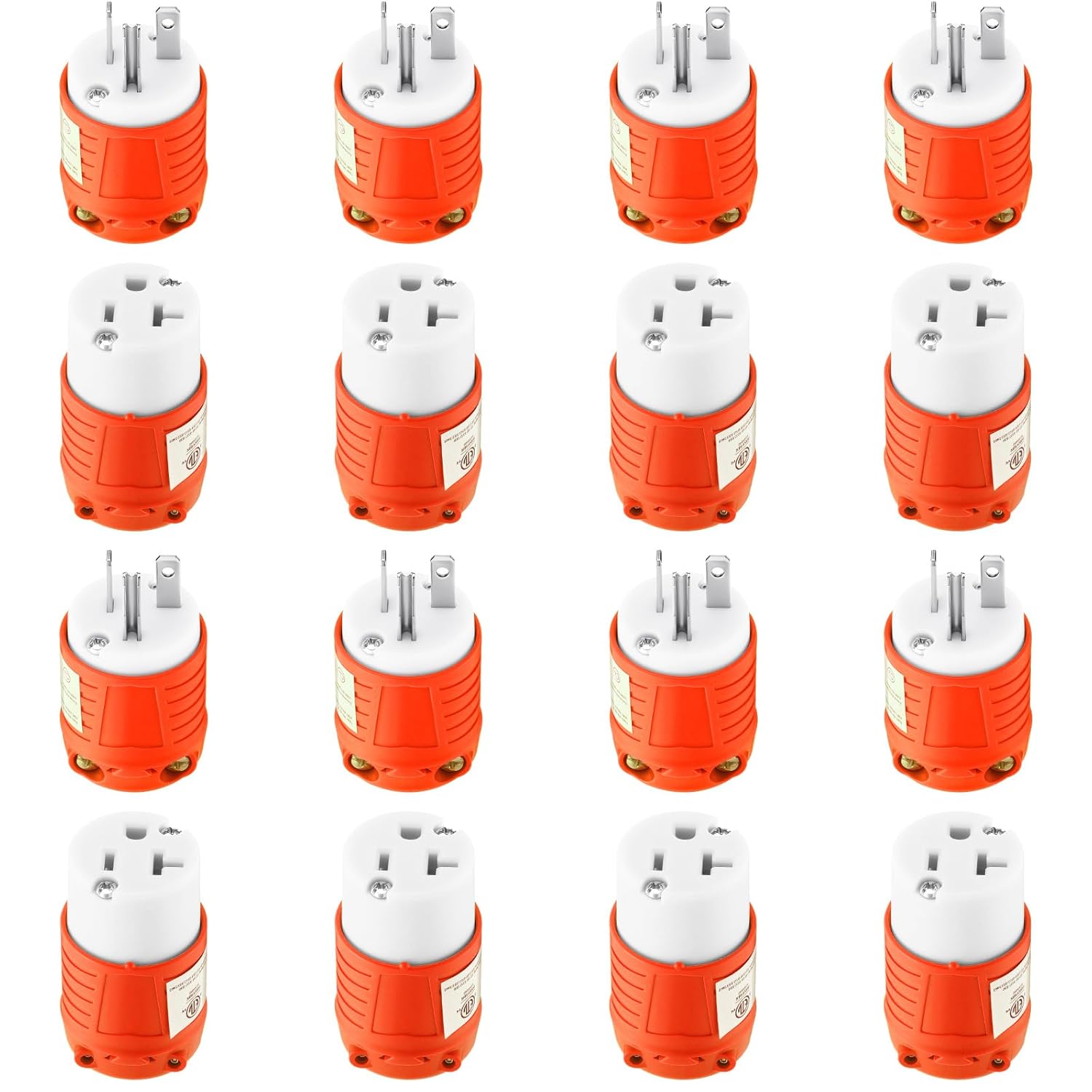 Xuhal 8 Sets 5-20 Extension Cord Ends 20 Amp 125 Volt Electrical Replacement Plug and Connector, 2 Pole, 3 Wire Grounding, Industrial Grade, Straight Blade, ETL Listed (Orange)