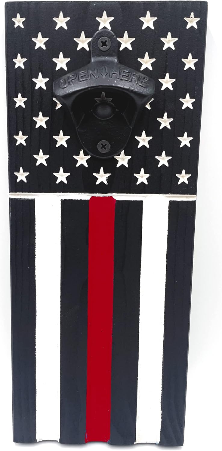 Wood American Flag Wall Mount Bottle Opener - Red, White and Blue or Thin Line Versions Available - Made in USA (Thin Red Line)