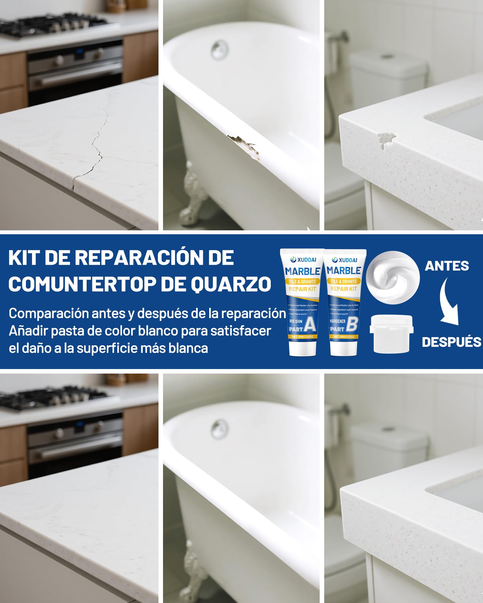 Kit Reparación Mármol y Granito (Coincidencia de Color), 160g Kit Reparación Azulejos Para Astillas Agujeros Abolladuras Defectos Grietas, Fijar Cuarzo Fregadero Piedra Otras Superficies Duras