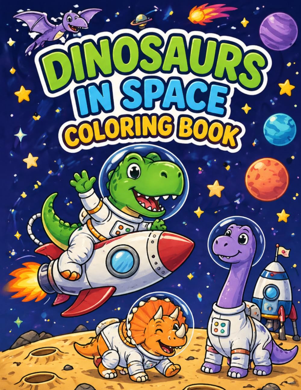 Dinosaurs in Space Coloring Book for Kids: Cute Dinosaur and Outer Space Coloring Pages for Kids Ages 4-8 — Fun Galaxy Activity Book with Rockets, Planets and Prehistoric Animals