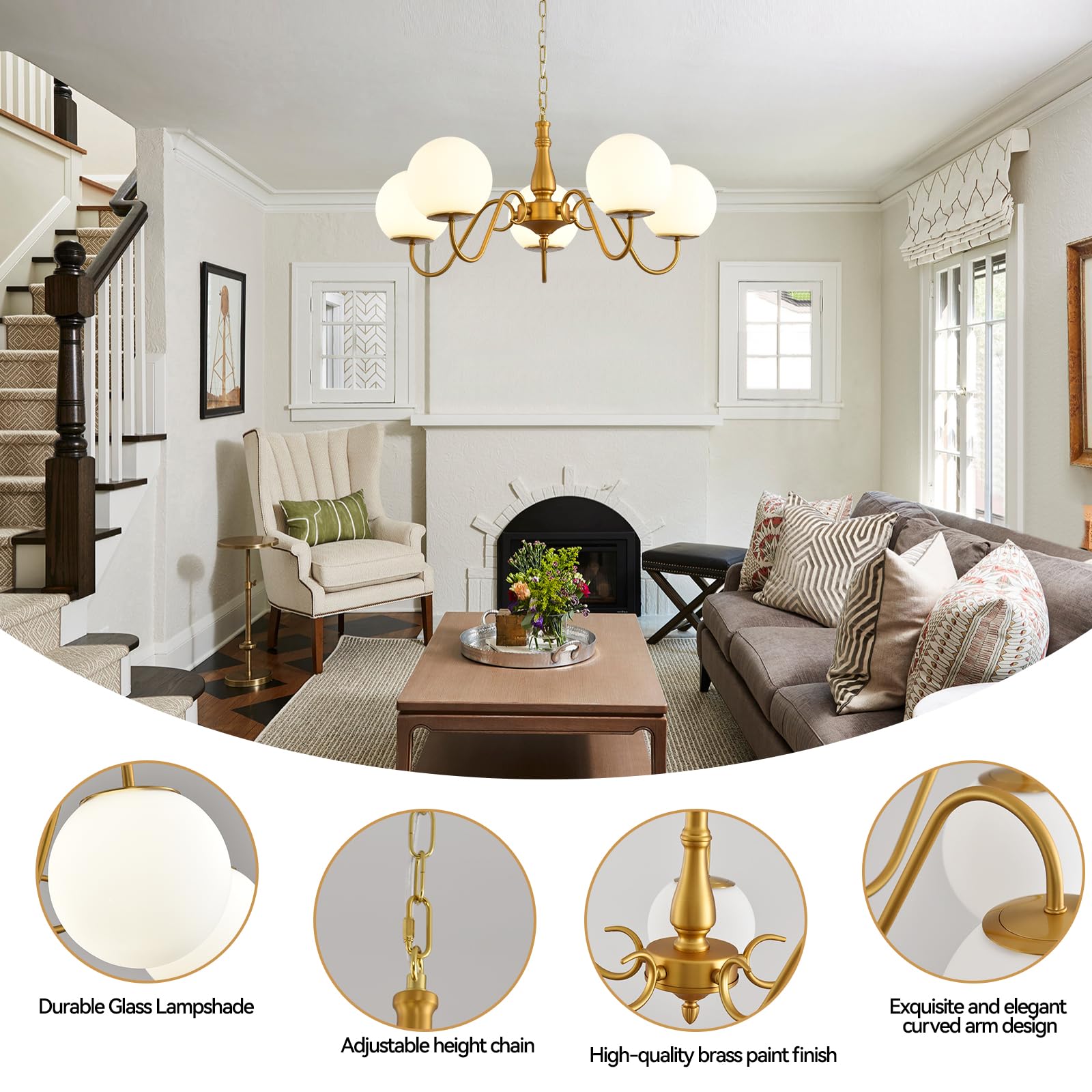 Gnoslite 5 Light Modern Vintage Gold Sputnik Chandelier, mid century Brushed Bra - product photo