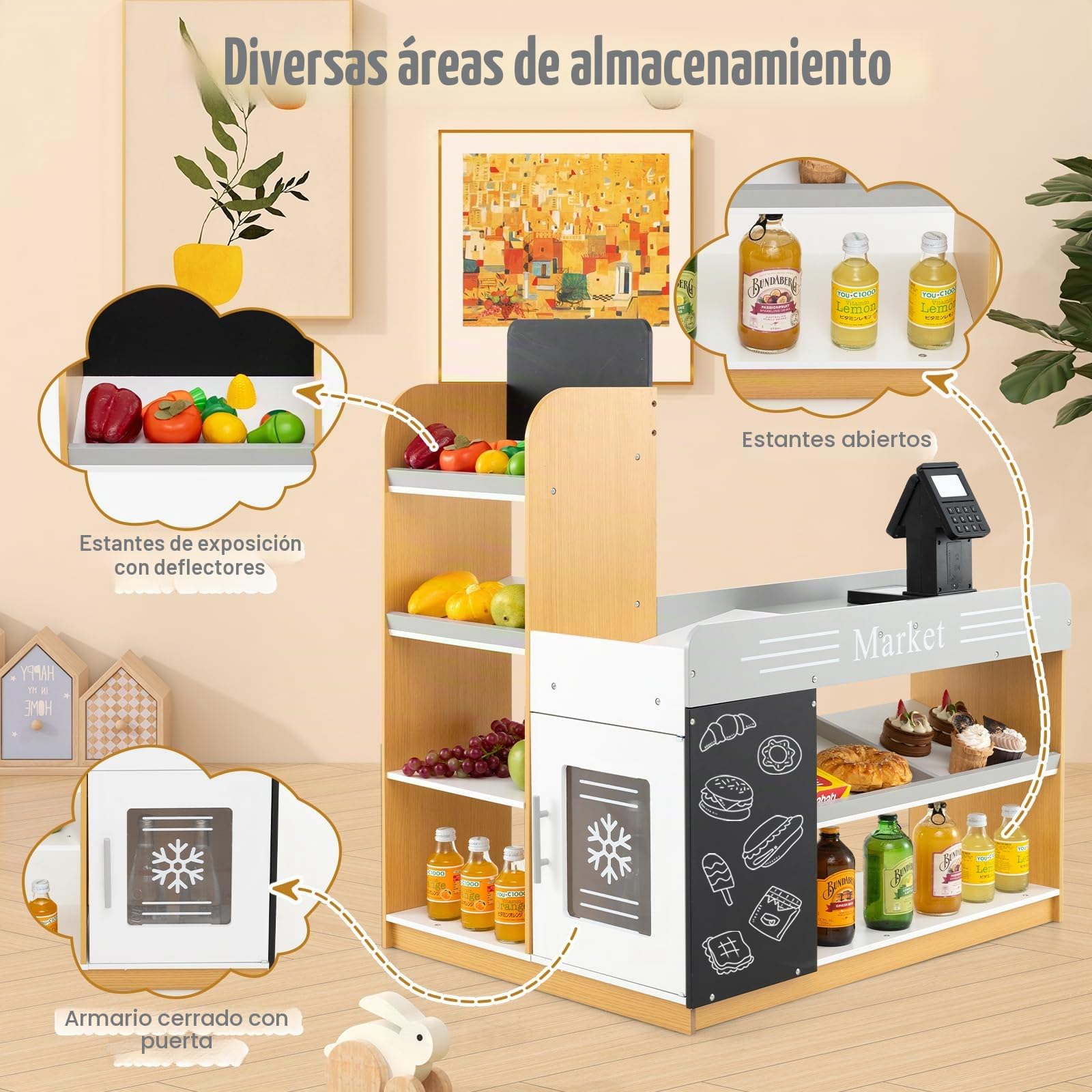 HOMASIS Juego de supermercado de Madera para niños, Tienda Infantil con Carrito, registradora y 2 pizarras, Puesto de Mercado Educativo, Juguete Creativo para niños de 3+ años, 80x60x35cm, Multicolor