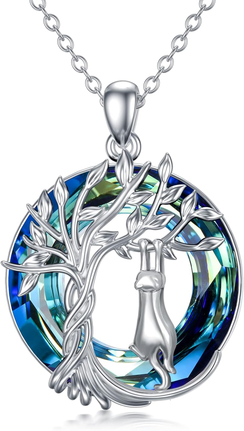 TOUPOP Cat Gifts for Cat Lovers Sterling Silver Cute Cats Tree of Life Pendant Necklace with Blue Circle Crystal Birthday Christmas Jewelry Gifts for Women
