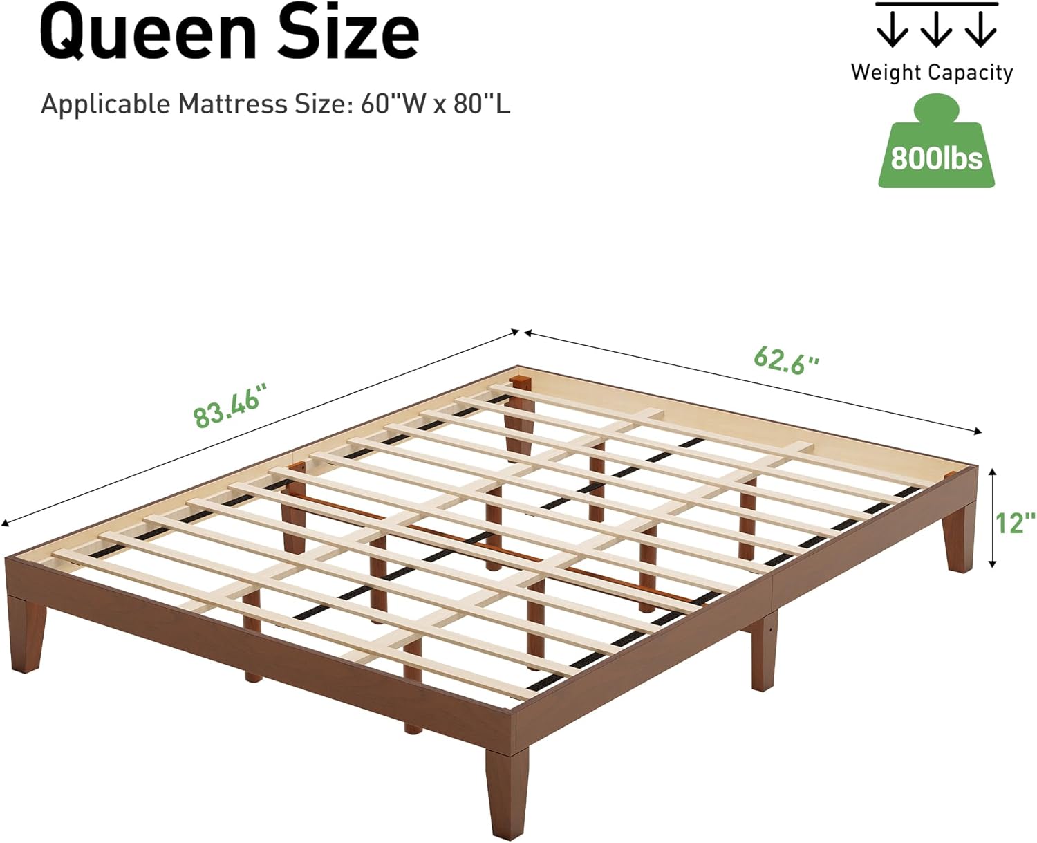 MALOL 12 Inch Queen Size Platform Bed Frame, Sturdy Wood Bed Frame with Wood Slat Support, No Box Spring Needed, Easy Assembly, Pine