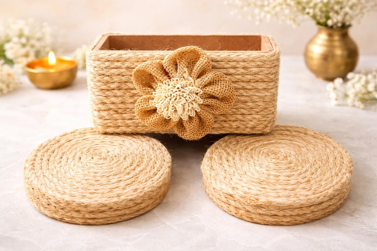 AGAAS ENTERPRISES Handmade Jute Work Tea Cup Coasters with Holder, for Kitchen & Dining Table Pack of 6-picture-14