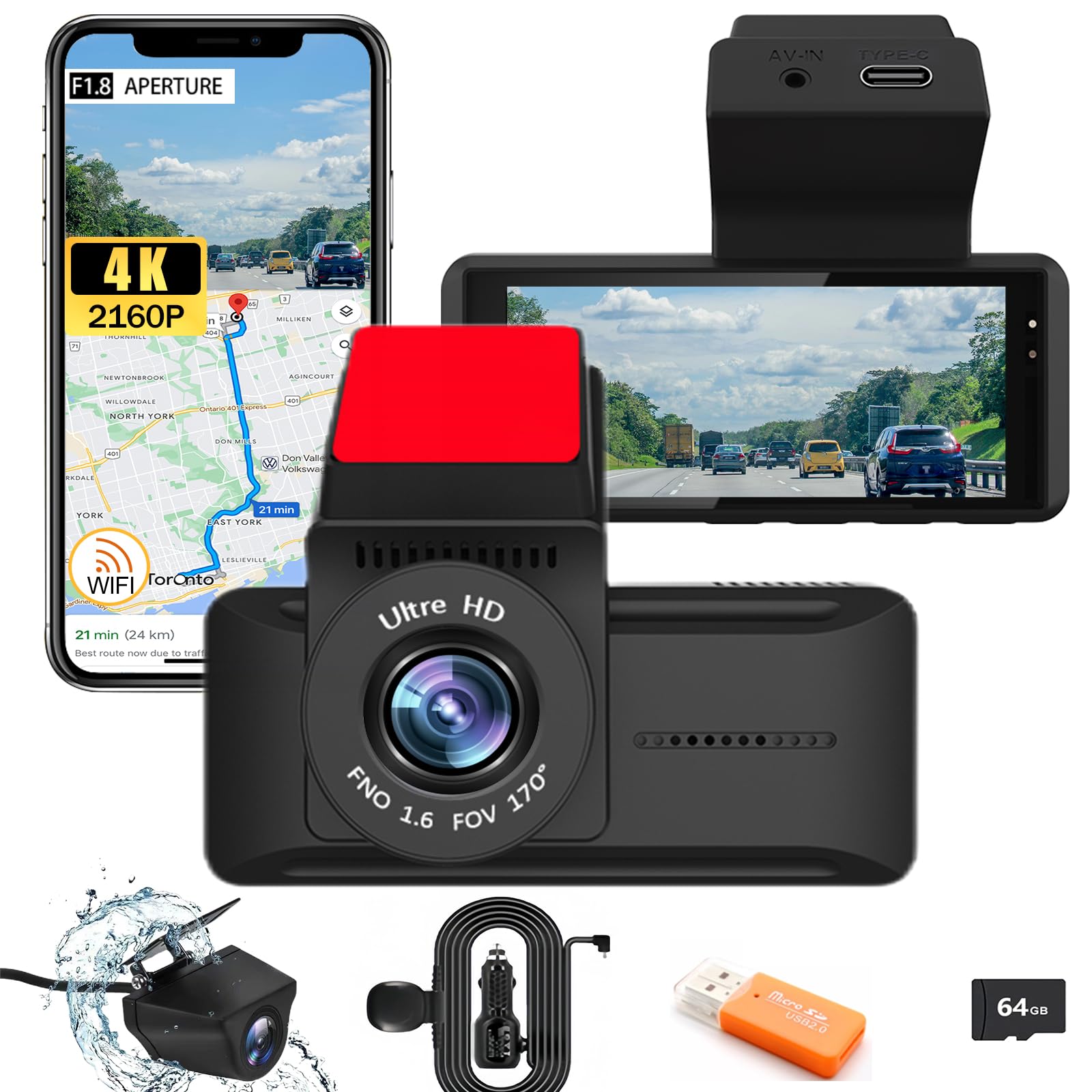 Dash Cam CarByNevo EV4K - Telecamera Auto 4K + GPS + Wi-Fi + Visione