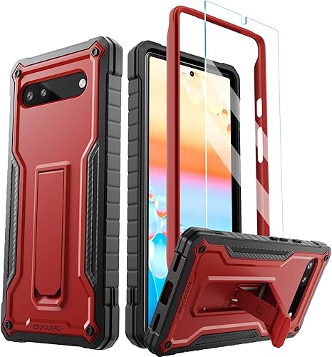 ExoGuard Funda para teléfono celular Google Pixel 6A, color rojo a prueba de golpes, con protector de pantalla y soporte integrado