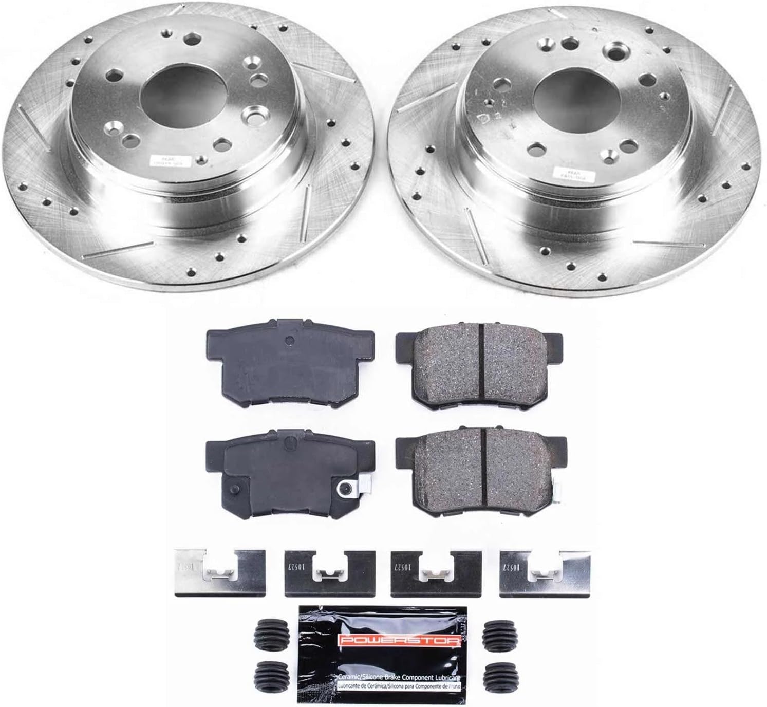 Power Stop K2308 Rear Z23 Carbon Fiber Brake Pads with Drilled & Slotted Brake Rotors Kit For Acura TL 1999-2003 [Model Specific]