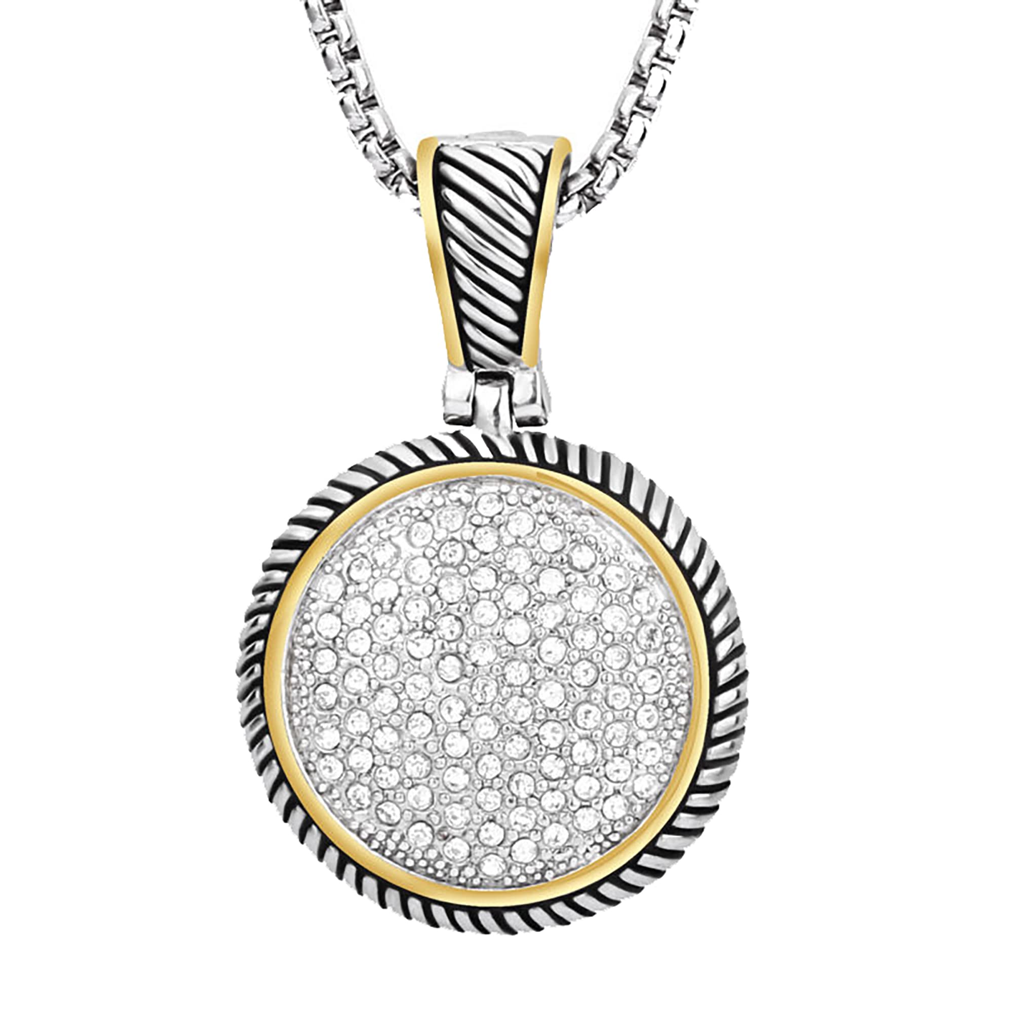 UNY JEWELJewelry Make a Statement with Our Two Tone Twisted Cable Wire Round Circle Enhancer Pendant Featuring Pave Rhinestone 2mm Box Chain 45cm + 5cm Extension, Metal, No Gemstone