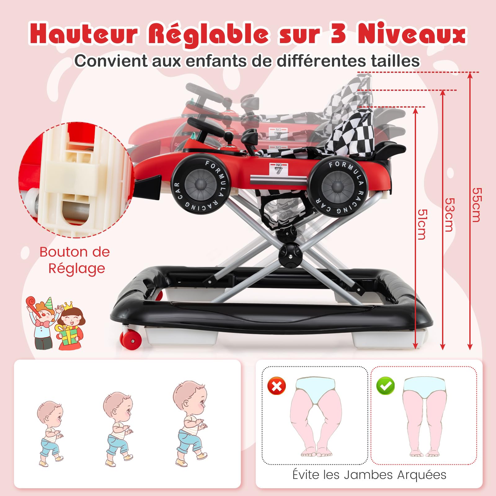 COSTWAY Trotteur Bébé Garçon Fille avec 3 Hauteur Réglable, Trotteur Marche Bébé Pliable Évolutif avec Boîte à Musique Amovible & Volant, Roues Silencieuses, Charge 12kg pour 6-18 Mois