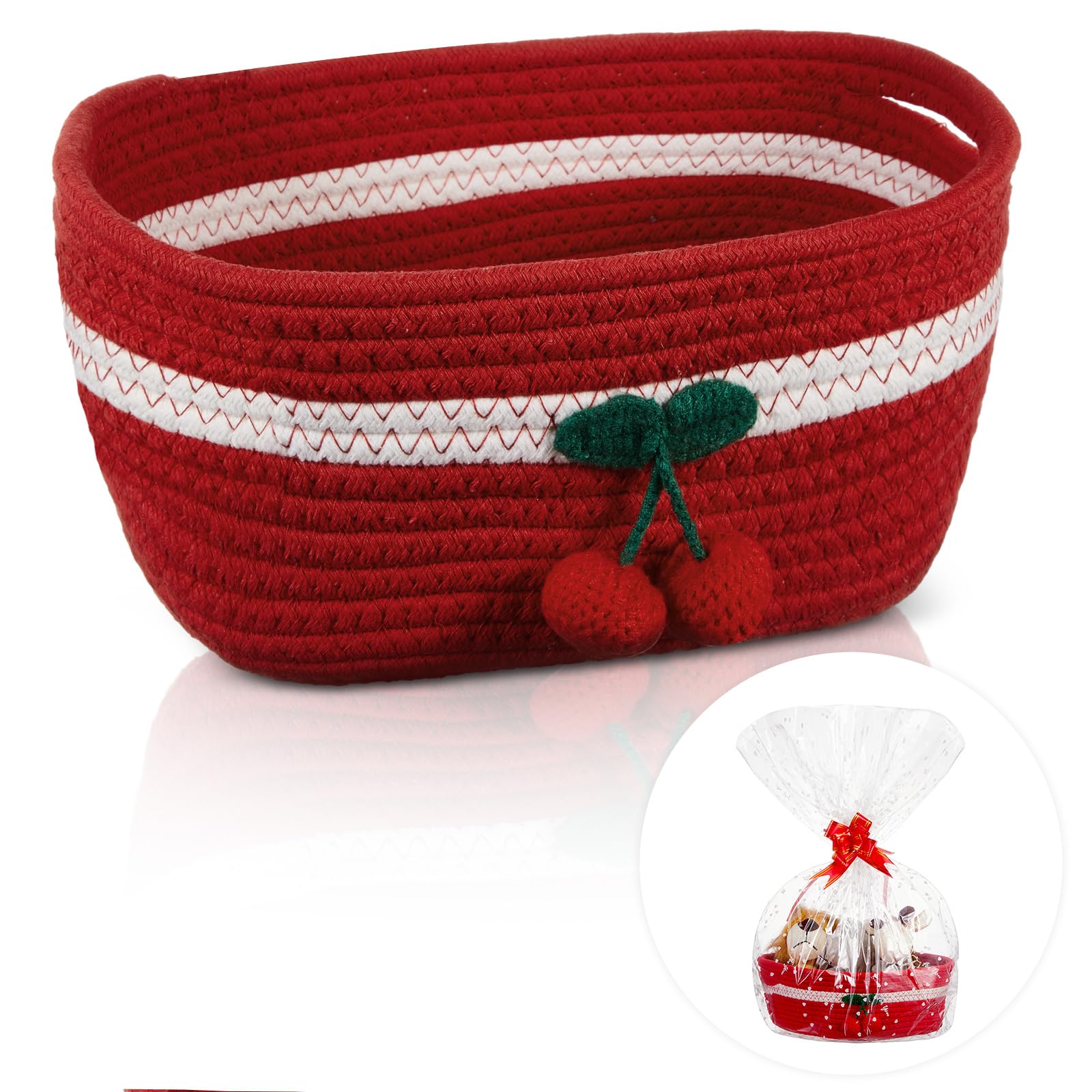 Honeydak 2 Pcs Cherry Basket with Handles Red Small Woven Gift Basket with Gift Bag and Ribbon Cute Cotton Rope Oval Toy Storage Organizer for Pet Food Closet Shelf Living Room Decor, 12