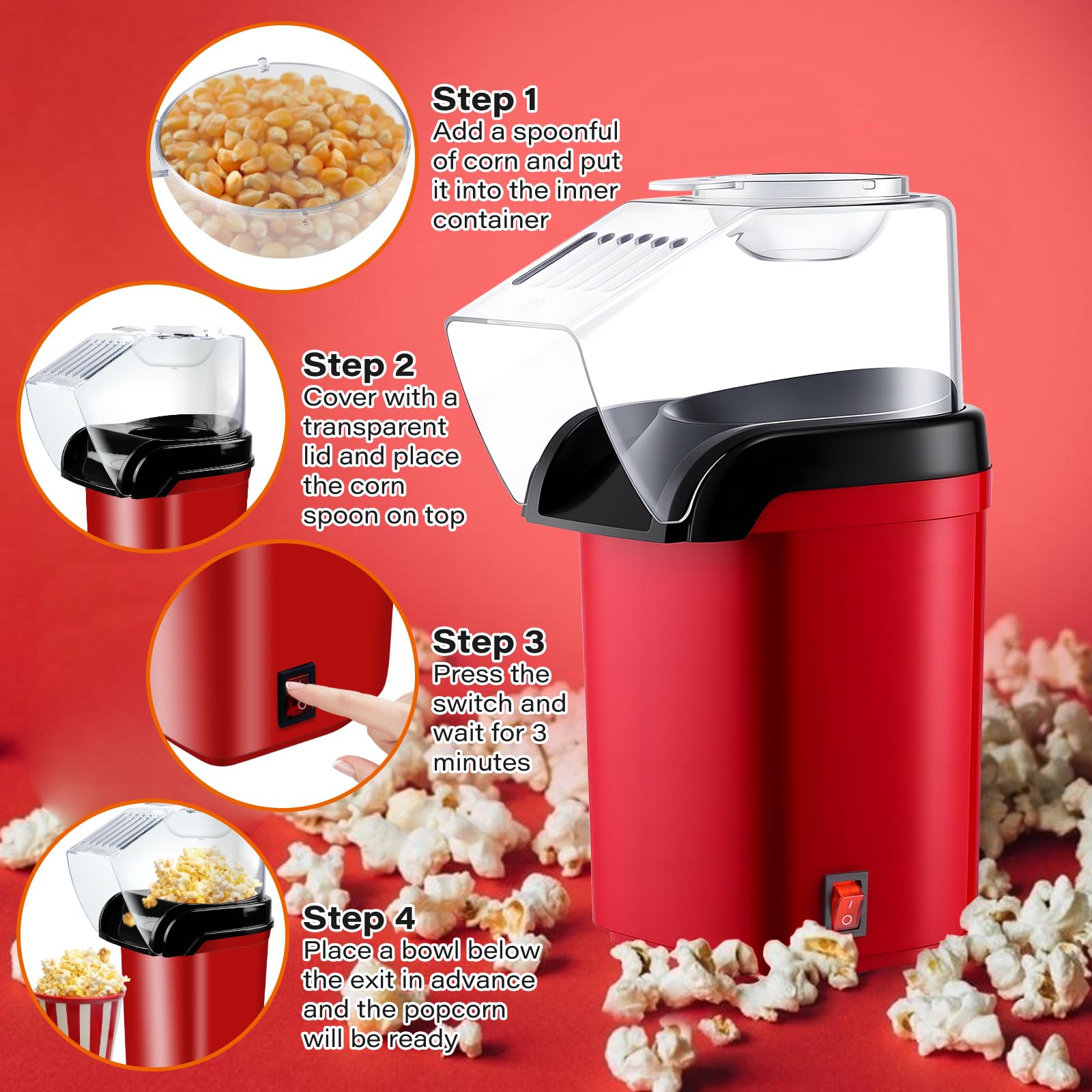 Macchina per popcorn ad aria calda, 1200W Mini macchina per popcorn ad aria calda senza olio e grassi, avvio rapido in 3 minuti, One-Touch, funzionamento compatto, macchina per popcorn design retrò