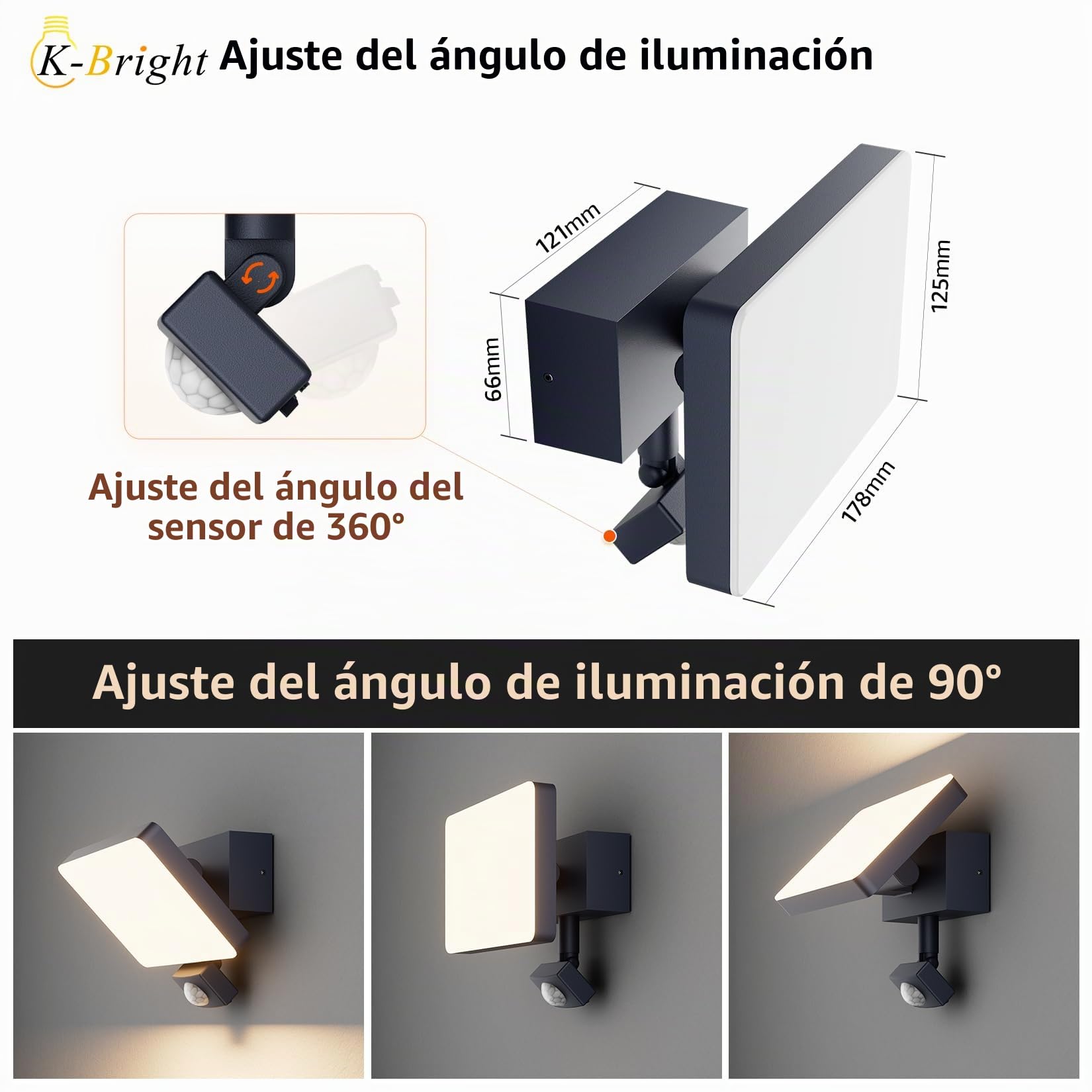 K-Bright 24W Aplique Pared Exterior con Sensor de Movimiento IP65 Impermeable Lámpara de Aluminio para Entrada Terraza Pasillo Luz Exterior Pared 3000K Blanco Cálido Antracita