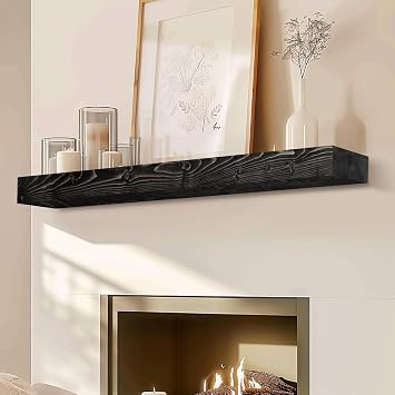 Fireplace Mantel 48'' Solid Wood Floating Shelf, 3'' Thick, Black | Handcrafted Rustic Finish, Concealed Brackets, Scratch-Resistant Surface, And Easy Installation For Living Room Decor